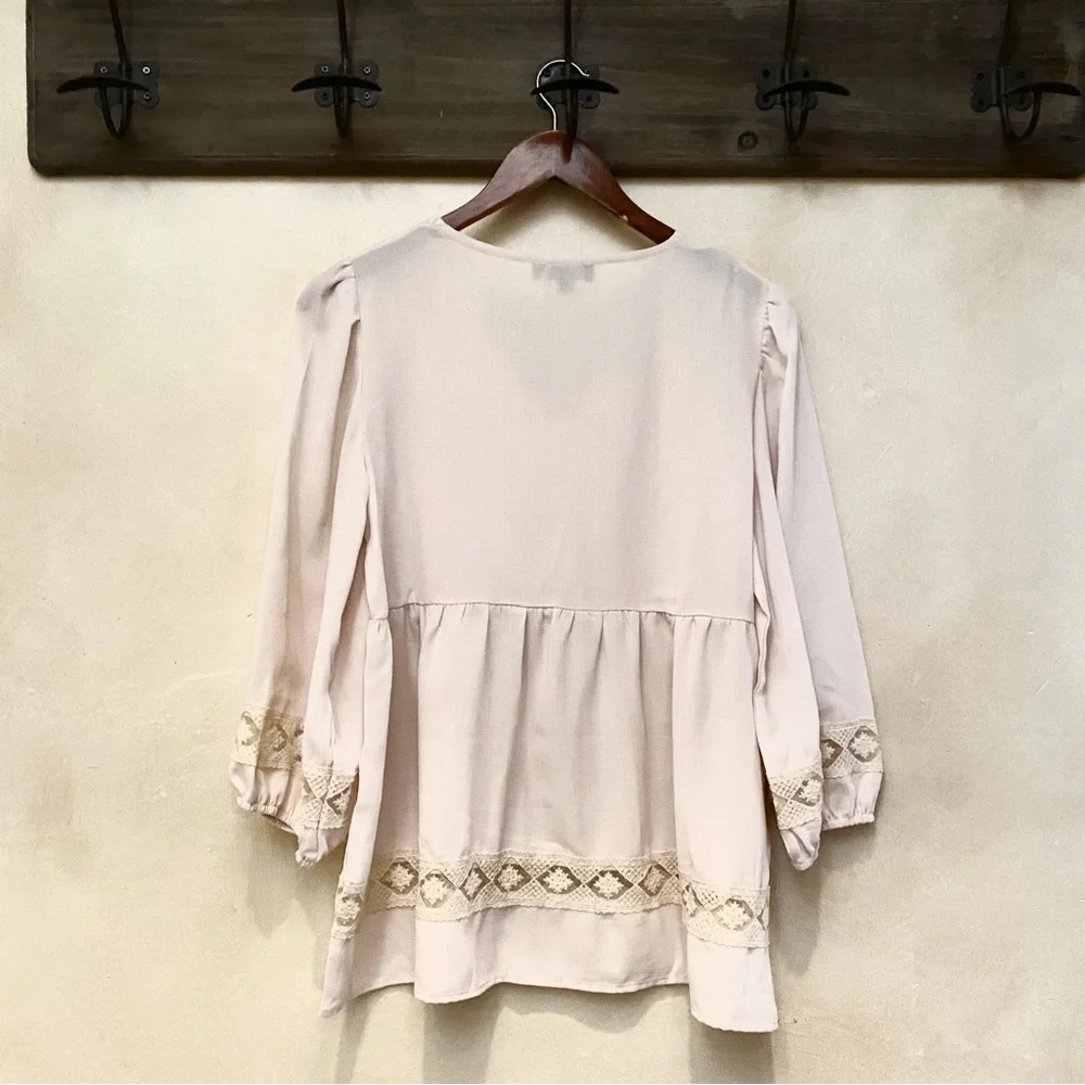 🪶3/$35 Ivory Lace Embroidered Babydoll 3/4 Sleeve SUZANNE BETRO Linen Blouse-S - Picture 3 of 16